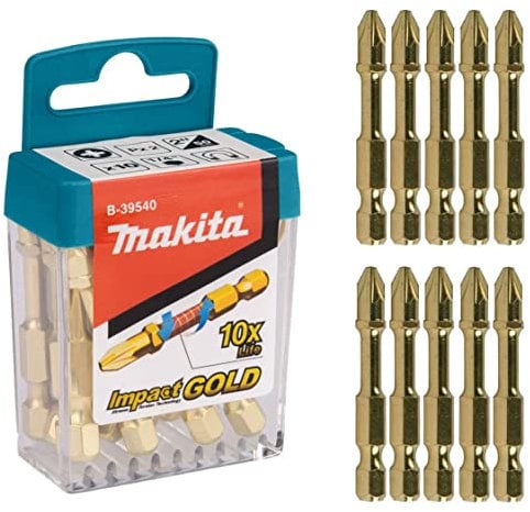 Makita - B-39540 Impact Bits pz2 x 50 mm, Pack of 10, Gold