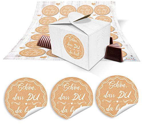 Logbuch-Verlag 24 Gastgeschenk Schachteln mini klein + SCHÖN DASS DU DA BIST Aufkleber weiß beige cremefarben 8 x 6,5 x 5,5 cm give-away Hochzeit Geburtstag Fest Verpackung