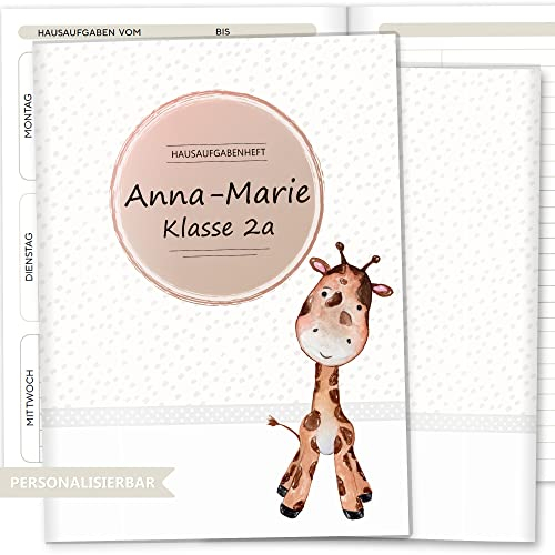 Olgs Hausaufgabenheft Hülle Safari Tour inkl. Heft Schulheft Schutzhülle Umschlag Geschenkidee Einschulung personalisierbar mit Namen und die Schulklasse (personalisiert, Giraffe)