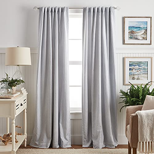 Martha Stewart Ticking Stripe Blackout Lining Rod Pocket/Back Tab Window Curtain Panel Pair, 95, White/Indigo