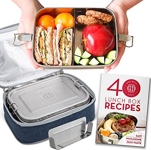 Country Trading Co. Stainless Steel Lunch Box with Bag | Removable Bento Divider | Leak Proof Lid | Container for Salads, Snacks, Leftovers | Plus Lunch Box Ideas Recipe Book | Medium Size