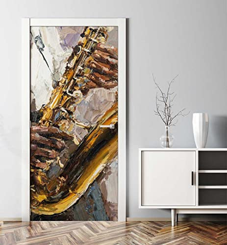MyMaxxi - Tür bekleben mit Türtapete Türposter Türfolie Selbstklebend 90x200 Saxophon Spieler - Tür verschönern Türaufkleber Türklebefolie Musikinstrument Rustikal Mehrfarbig