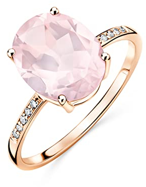 OROVI Damen Goldschmuck, Ring aus Roségold mit 10 Diamanten 0.04 ct und Solitaire Edelstein Rosenquarz 2.52 ct Geburtsstein 9 Karat (375) Gold, Verlobungsring