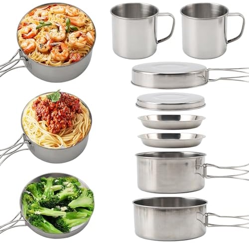 Camping Kochgeschirr Set 2-3 Personen, 8-teiligtes Camping Topf Pfanne Set, Camping Topfset aus Edelstahl, Tragbar Outdoor Geschirr Set mit Tellern Tassen für Picknick, Wandern, Rucksackreisen