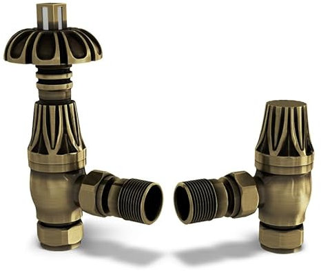 UK Radiators Antique Brass Thermostatic Radiator Valve and Angled Lockshield Valve - Brushed Antique Brass Finish - Traditional Design 1/2 x 15mm Metal Head Radiator Valve