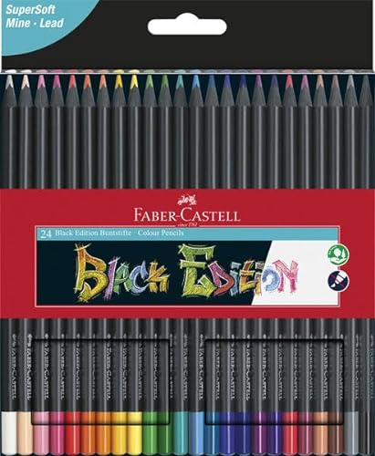 Faber-Castell - Buntstifte Blackwood, Black Edition, 24er Etui, leuchtende Farben mit weichem Abstrich, schwarzes Holz (24er Malset) inkl. Spitzdose Sleeve und Radierer Edition Dust-free