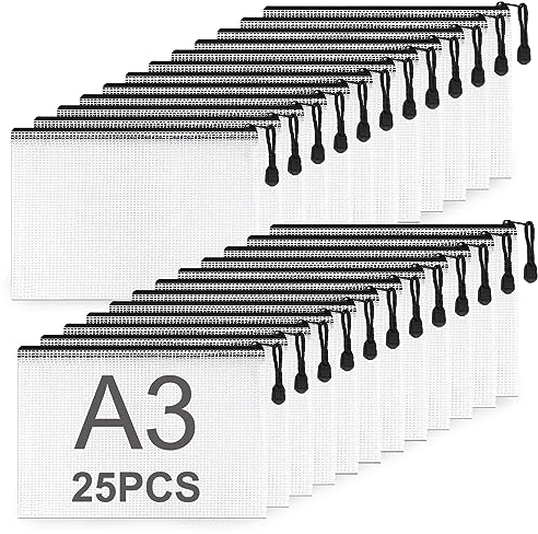ASelected 25 Stücke Dokumententasche A3 Reißverschluss, Mesh Kunststoff Reißverschlusstasche Schwarz, Datei Taschen mit Reißverschluss A3 Zipper Taschen für Datei,Dokumente,Hausaufgaben,Reisezubehör