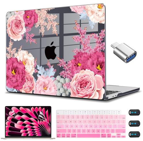CISSOOK for MacBook Air 15 inch Case 2023 2024 2025 2026 M2 M3 M4 M5 Floral | 5in1 Set Hard Shell Case Model A3448 A3241 A3114 A2941, Keyboard Cover, Screen Protector, Scratch Resistant, Ultra-Thin