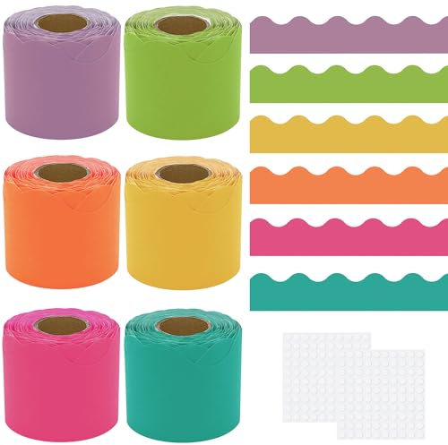 Wonninek Lot de 6 rouleaux de bordures colorées pour tableau d'affichage de salle de classe, 200 points de colle, amovible et imperméable, décoration murale pour tableau blanc