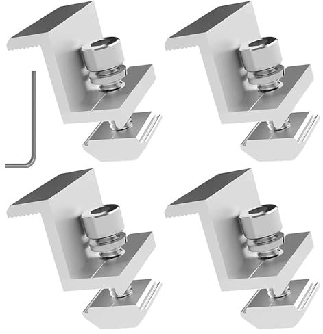 Funnytek Kit de serrage pour panneau solaire, 4 pièces de fixation en Z avec clé hexagonale, support de panneau solaire en aluminium de 35 mm, fixation réglable pour hauteur de module – Argent