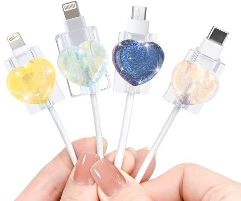 Cute Cable Protector for iPhone/iPad/Type-C Cable, 4pcs Charging Cord Protector Anti-Break Glitter 3D Love Heart Design,Cord Cover, Cable Sleeve, Cable Chomper (Pink&Purple &Yellow&Laser)