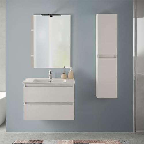 Mobile bagno sospeso 70 cm rovere bianco con pensile H 125, completo di lavabo e specchiera a filo reversibile, NADIA