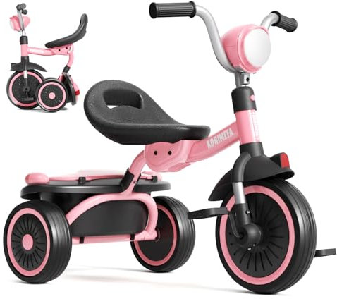 KORIMEFA Bambini Trike Bici Pieghevole Balance Bike con Cestino di Stoccaggio per 1-3 Anni Ragazzi Ragazze Trike con Regolabile Seat & Night Riflettore, Facile da memorizzare, Compleanno Natale (Rosa)