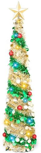 JOIEDOMI 5 Fuß Pop-up-Weihnachtsbaum-Lametta in Gelb mit Lichtern, Bleistift-Weihnachtsdekoration, Baum und Ornamenten, schmale, zusammenklappbare Dekorationen mit Timer für die Weihnachtsfeier