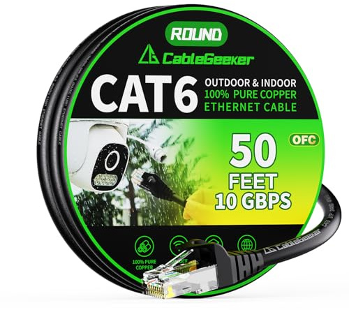 Cat 6 Ethernet Cable 50 ft, Indoor&Outdoor, High Speed 10Gbps 24AWG Pure Copper Internet Network Cable, Pure Copper Ethernet Patch Cable Long, PoE Computer LAN Cable for Router, Modem, PS5/4, Black