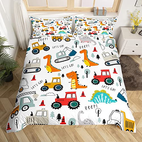 Loussiesd Dinos Bettwäsche Set 220x240cm Kinder BAU Bagger Bettwäsche Jungle Dinosaurier Ausrüstung LKW Bettbezug Set Dino Bettwäsche-Set BAU Zugmaschine Crane für Jugendliche Mädchen Zimmer Dekor