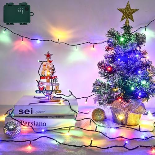 Isisyu Battery Fairy Lights, 3M 30 LED Multicoloured Fairy Lights Battery Operated Outdoor with Timer, Green Wire Waterproof Christmas Tree String Lights for Wedding Wreath Garden Xmas Decoration