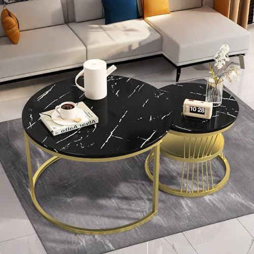 2 Couchtische, ausziehbar, Marmorimitat, rund, Couchtisch, Metallrahmen, modern, für Wohnzimmer, Balkon und Büro (Schwarz + Gold, 70 x 45,5 cm + 45 x 40 cm)