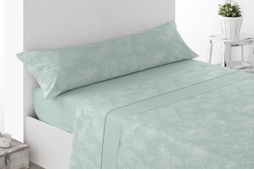 HaraDeco Juego de Sabanas 3 Piezas - Poliéster Microfibra Tacto Satén- Bajera, Encimera y 1 Funda de Almohada Larga, Estampada para Todas Estaciones (Onil Verde, Cama 150x190/200cm+28cm)