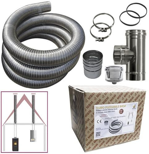 Kit de tubo de acero inoxidable 316, flexible, 3 m, diámetro 80 mm, interior liso según la norma CE EN 1856, 2 tubos de humos