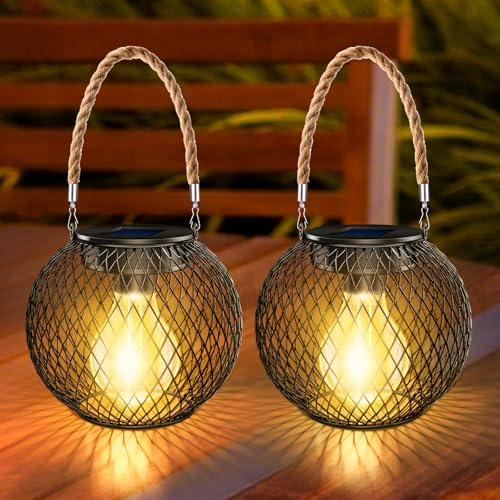 Liuyife Metal Solar Lantern Waterproof IP65, Auto On Off 2 Pack Hanging Lanterns with Bulbs, Outdoor LED Solar Garden Lights for Patio Decoration Lawn Table Fence Ornaments