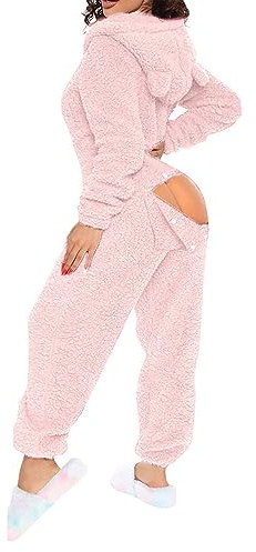 Fleece-onesies för kvinnor med rumpa klaff lyxig varm fleece nyhet onesie sherpa overall dragkedja en del pyjamas med huva mysig nattkläder pyjamas höst vinter varma myskläder overaller