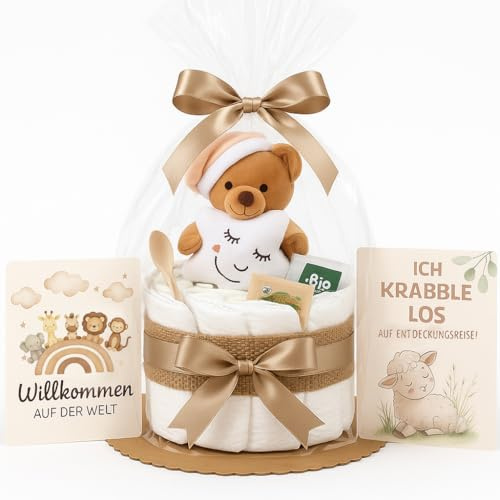 Windeltorte Mädchen & Junge mit Teddybär, Boho Vintage Handmade | Baby Geschenk zur Geburt mit Kuscheltier, Premium Windeln, Babylöffel & Bio-Tee, neutral für Babyparty