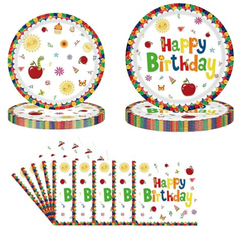 Anicy 72 Stück Kindergeburtstag Pappteller Set, Bunte Geburtstagsdeko für Mädchen Jungen, Happy Birthday Party Geschirr mit Servietten, Tischdeko Kindergeburtstag