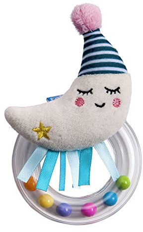 Taf Toys Mini Moon Newborn Baby Rattle. Soft Plush Toddler Sensory Ring Rattle with Ribbons. Easy to Grab. Colourful Beads. Suitable for Boys & Girls from Birth