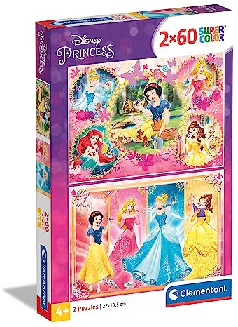Clementoni 7133 Supercolor Princess – Puzzle 2 x 60 Teile ab 5 Jahren, buntes Kinderpuzzle mit besonderer Leuchtkraft & Farbintensität, Geschicklichkeitsspiel für Kinder