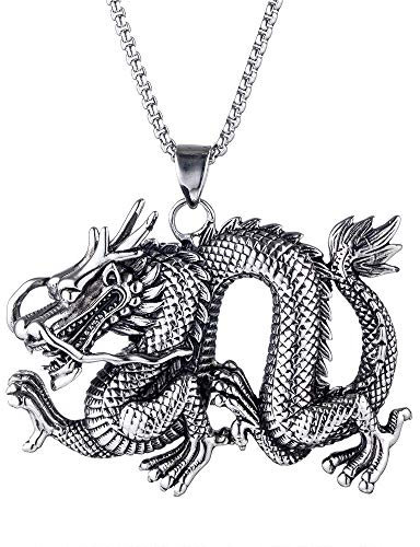PAMTIER Collier Pendentif Dragon Chinois pour Hommes en Acier Inoxydable Argent Noir