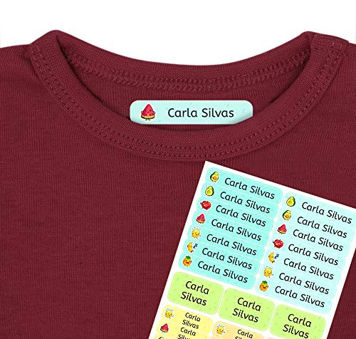 Etiquetas termoadhesivas personalizadas con tu texto | Etiquetas para la ropa, con dibujos de frutas y texto personalizado. 40 U.en hoja laminada FUNNY FRUITS