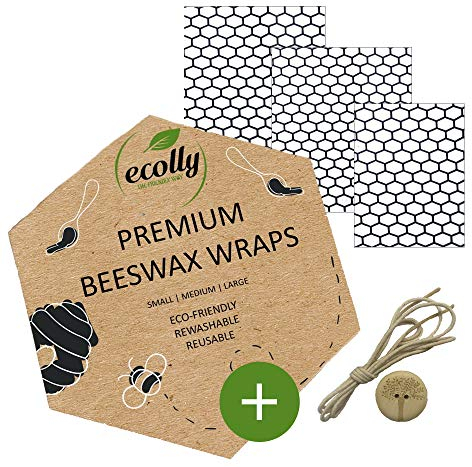 ecolly Bienenwachstücher 3er-Set (S, M, L), Bienenwachspapier, Beeswax Wrap, Plastikfrei & wiederverwendbar, OHNE Jojobaöl, inklusive Knopf & Baumwollfaden - Honeycombs