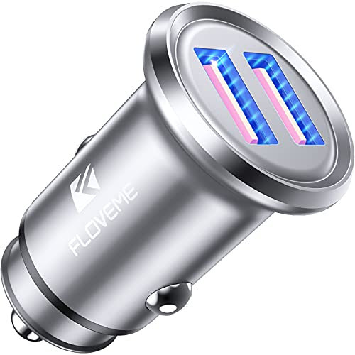 FLOVEME Accendisigari USB adattatore ricarica rapida, doppia porta QC3.0, 36 W/6 A, caricatore da auto USB, mini caricatore in metallo, accendisigari con luce LED, compatibile con iPhone Samsung,