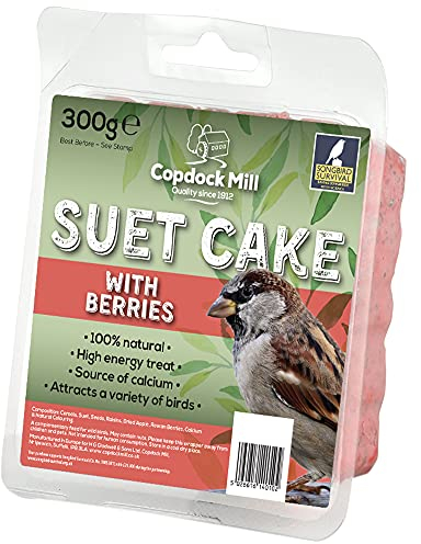 Copdock Mill Suet Cake Tray with Berries 300g – High-Energy All Year-Round Wild Bird Food With 40 percent Suet Content – Nutritious Beef Suet Mix with Bird Seed – 100 percent Natural Ingredients