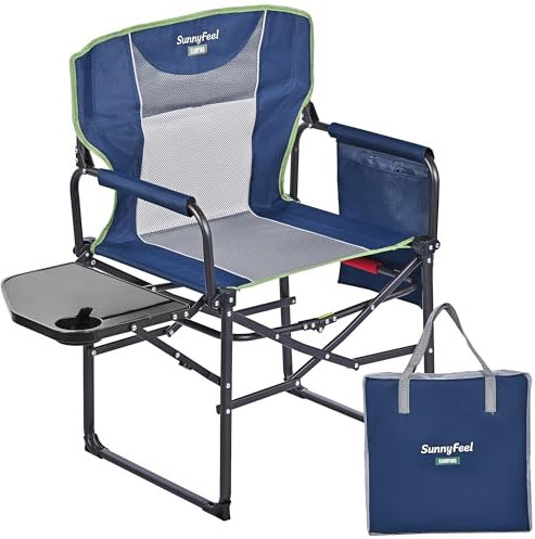 SUNNYFEEL Directors Chairs Folding Camping Chair for Adults with Table Side Pocket Heavy Duty up to 300 lbs Outdoor Lawn Garden Makeup (Blue)