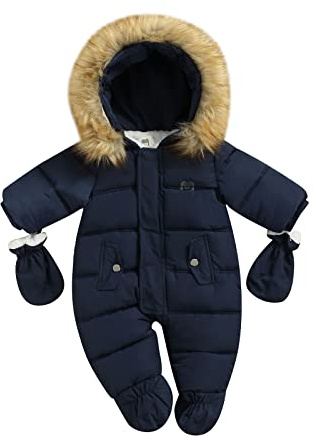 Geagodelia Combinaisons à Glissière pour Enfants avec Gants, Combinaison à Capuche Hiver Barboteuse en Peluche de Couleur Unie avec Poches (Blu Marine, 12-18 Mois)