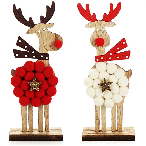 com-four® 2X Dekorativer Aufsteller für Weihnachten - Rentier aus Holz mit Plüschstoff zum Hinstellen - Christmas Aufsteller zum Dekorieren und Verschenken (XL Rentier - rot + weiß)