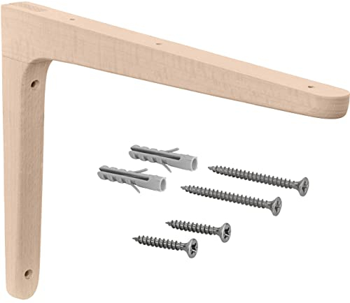 Gedotec Console en bois de hêtre | 1 pièce équerre d'étagère en bois naturel massif | 250 x 150 mm | TAUM | Charge par paire jusqu'à 24 kg | Support d'étagère adapté pour étagères