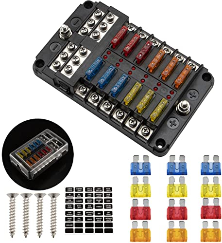 FanPaYY Boîte à Fusibles 12 Voies, 12V Porte Fusible avec Bus Négatif avec 12 Voyants Couvercle de Protection, Voiture Blocs Fusible Lame pour Voiture, Bateau, Fourgonnette, SUV
