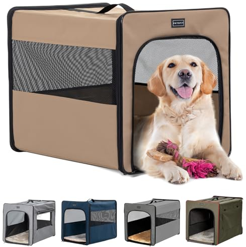 Petsfit Hundebox faltbar für zuhause Hundetransportbox Faltbare Hundebox große Hunde, robust, leicht, sicher mit 3 cm dicken Plüschmatte,Khaki,L 79x53.5x66cm