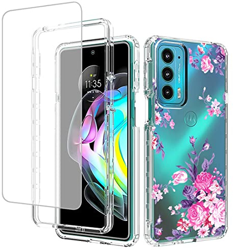 Jhxtech for Moto Edge 20 Case, Motorola Edge 20 Case with Tempered-Glass Screen Protector, Cute Clear Floral Pattern Full Body Protective Cover Cases for Motorola Moto Edge 20 5G (Rose Flower)