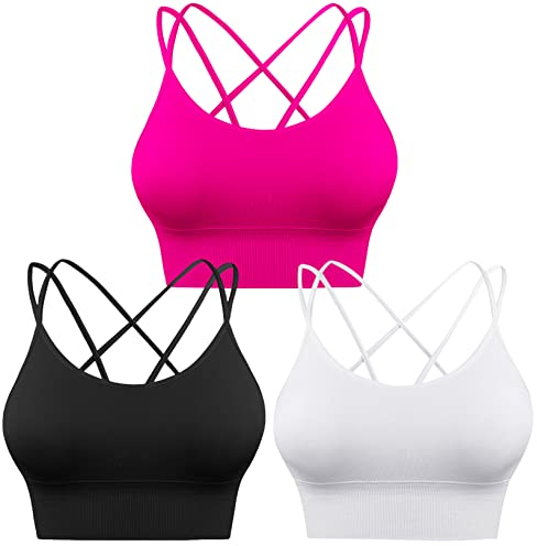 Sykooria Sport-BH für Damen, sexy, überkreuzt, für Yoga, Laufen, Athletik, Fitnessstudio, Workout, Fitness, 3 Stück, 3er-Pack, Schwarz + Weiß + Hot Pink, small