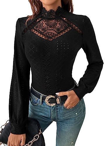 GORGLITTER Women's Eyelet Lace Long Lantern Sleeve Tops Mock Neck Skinny Cut Out Blouse T Shirt Black M
