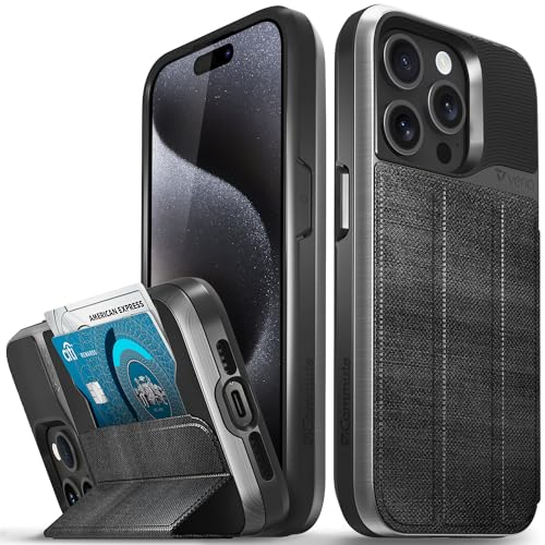 VENA vCommute Schutzhülle für iPhone 15 Pro, Fallschutz in Militärqualität, Lederhülle, Kartenhalter mit Ständer, Schwarz Schiefer