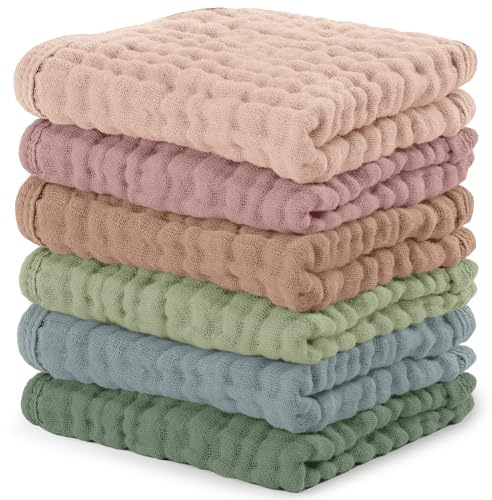 Comfy Cubs - Asciugamani in mussola per bambini, confezione da 6 - Morbido cotone a 6 strati per pelle delicata - 25 x 25 cm taglia grande - Assorbente, durevole, delicato asciugamano per neonati e