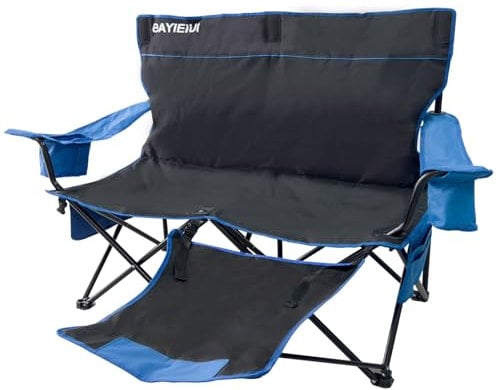 BAYIEIUI Campingstuhl Faltbar mit Fußstütze 2 Personen XXL Klappbar Campingstühle Gartenstuhl Doppelte Klappstuhl Angelstuhl 2 Sitzer für Erwachsene mit Armlehne Aufbewahrungstasche Schwarz