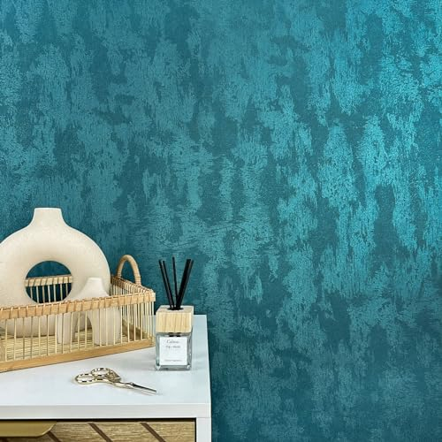 WALLCOVER Tapete Blau Grün Metallic Vliestapete Petrol Uni Betonoptik Vintage Design Modern Struktur Einfarbig Used Look Glänzend Unitapete 10.05m x 0.53 m Made in Germany