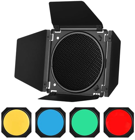 Porte de grange + grilles nid d'abeille + 4 filtres de couleur pour montage Bowens Standard réflecteur photographie studio clignotant accessoires porte de grange kit