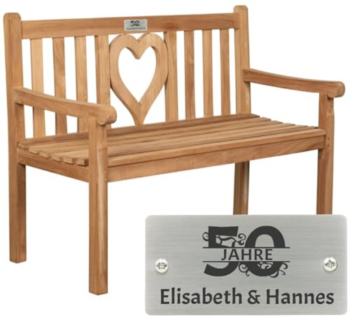 Sterngraf Goldene Hochzeit Bank mit Gravur zB Zahl (Namen), Gartenbank Woodie Herz 120cm, Edelstahlschild personalisiert, Geschenk-Idee 50. Hochzeitstag Teakholz Bank